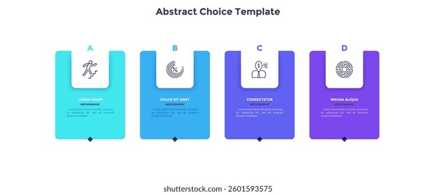 Four numbered rectangular frames placed in horizontal row. Concept of 4 stages of marketing strategy. Modern flat infographic design template. Simple vector illustration for business presentation.