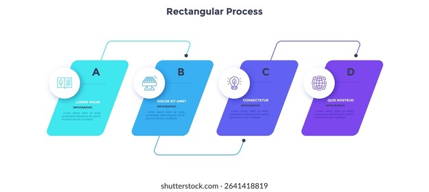 Four numbered rectangular frames placed in horizontal row. Concept of 4 stages of marketing strategy. Modern flat infographic design template. Simple vector illustration for business presentation.