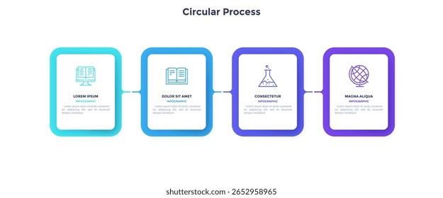 Four numbered rectangular frames placed in horizontal row. Concept of 4 stages of marketing strategy. Modern flat infographic design template. Simple vector illustration for business presentation.