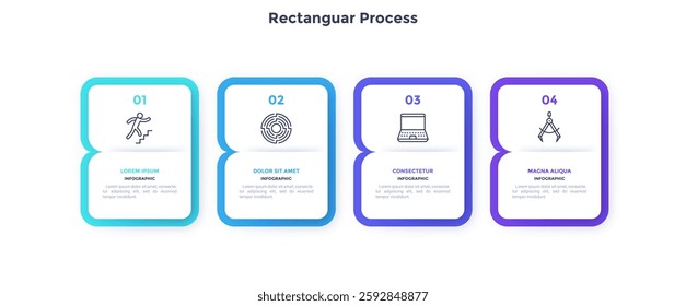 Four numbered rectangular paper frames placed in horizontal row. Concept of 4 stages of marketing strategy. Modern flat infographic design template. Simple vector illustration for business 