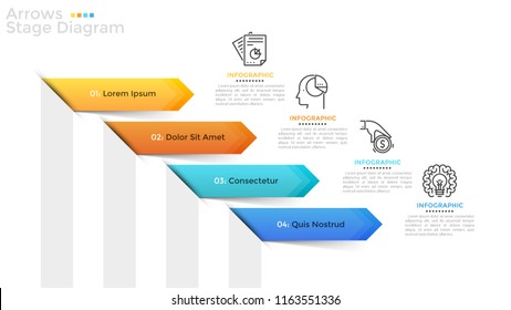 Four numbered ribbon arrows arranged in diagonal row, linear symbols and place for text. Chart with 4 stages or steps. Simple infographic design template. Colorful vector illustration for report.