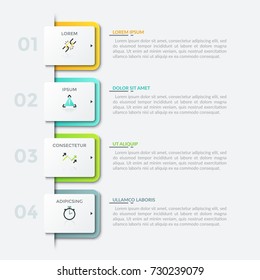 Four numbered square paper white elements placed into vertical row, thin line pictograms and text boxes. Modern infographic design template. Vector illustration for presentation, brochure, report.