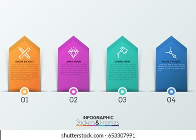 Four numbered tags with thin line icons and text boxes inside placed along horizontal line. 4 steps of project development concept. Infographic design template in realistic style. Vector illustration.