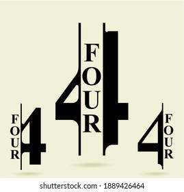Four; numeral and word logo for number. Four letter with four figure logo design. Number names typography design. Serif font design.  Text logo studies for all numbers.