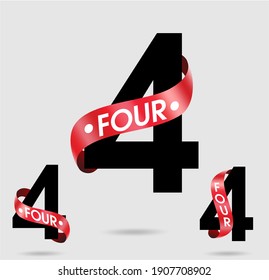 Four; numeral and word logo for number with red ribbon. Four letter with four figure logo designs with four alternatives. Number names typography design. Red ribbon belt numbers.