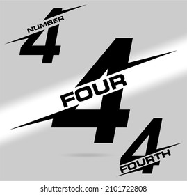 Four; numeral and word logo for number. Four letter with four figure logo design. Number and name typography.  Text logo studies for all numbers. Speed and flash themed vector logo.