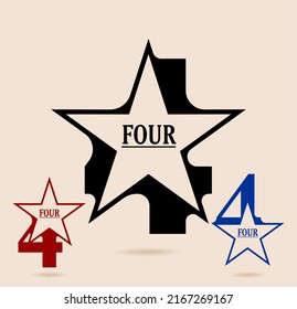 Four; Numeral And Word Logo For Number. Four With Star Shaped Logo Design. Number Names Typography Design. Serif Font Design.  Text Logo Studies For All Numbers.