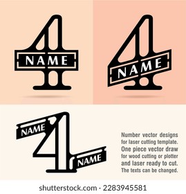 Four; numeral and word logo for number. Stencil one number and writing area. One piece vector draw ready for CNC or laser cutting. Open face serif font logo and numeral logo studies for all numbers.