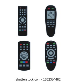 Four object hand remote control. Multimedia panel with shift buttons. Program television device. Universal electronic controller. Isolated thin line illustration. White background. Set flat symbol.
 svg