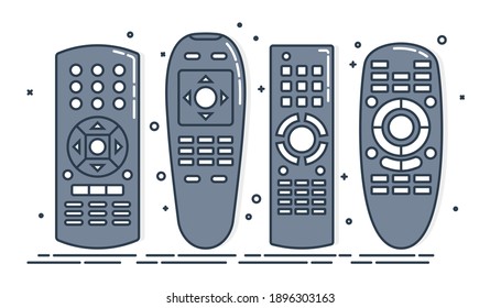Four object hand remote control. Multimedia panel with shift buttons. Program television device. Universal electronic controller. Isolated thin line illustration. White background. Set flat symbol.
 svg