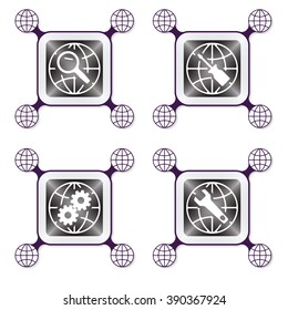 Four objects with globe icon and different tools