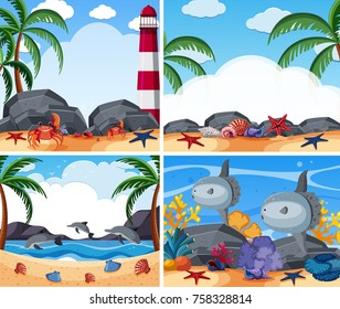 Four ocean scenes with animals and beach illustration