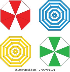Four Octagonal Beach Umbrellas Red Blue Yellow Green Patterns vector
