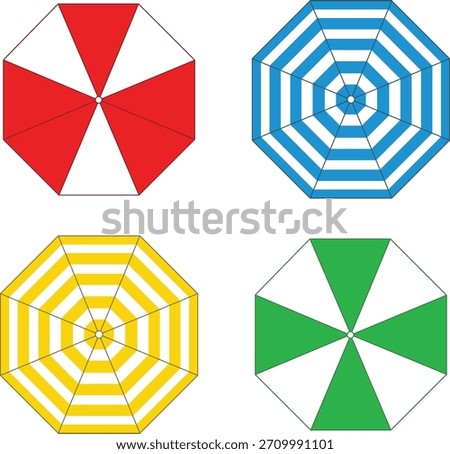 Four Octagonal Beach Umbrellas Red Blue Yellow Green Patterns vector