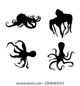 Four octopus silhouette set isolated on white background.