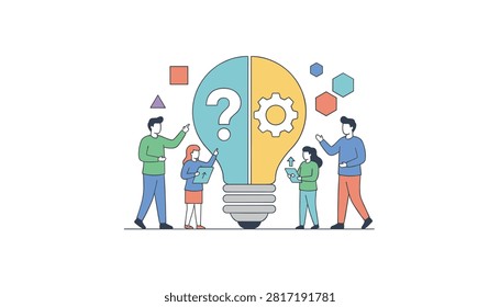 Four office professionals analyzing a split lightbulb graphic featuring a question mark and a gear while holding digital tablets in a bright setting.