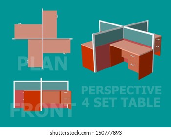 Four Office Table Set Design Plan Front and Perspective View
