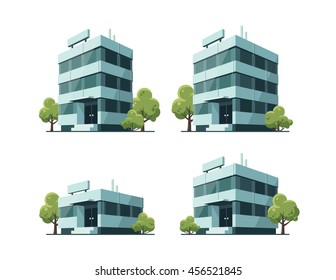 Quatro edifícios vetoriais de escritório ilustrações em perspectiva com fachada de vidro azul e árvores verdes em estilo cartoon.