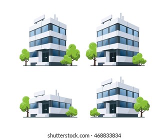 Four office vector buildings illustrations in perspective view with blue glass facade and green trees in cartoon style. Isolated on white background.