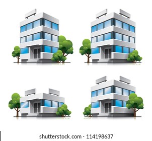 Four office vector buildings in perspective view with blue glass facade and green trees in cartoon style 