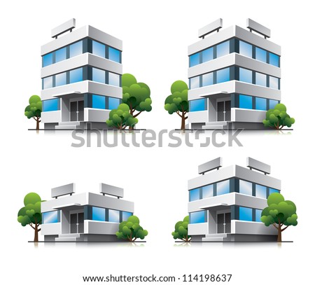 Four office vector buildings in perspective view with blue glass facade and green trees in cartoon style 