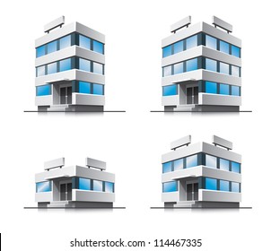 Four Office Vector House Illustration In Perspective View With Blue Glass Windows. Work Office Building Icon In Cartoon Style.