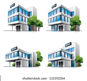 Four Office Vector House Illustration In Perspective View With Blue Glass Facade. Work Office Building Icon In Cartoon Style With Green Trees.