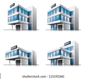 Four office vector house illustration in perspective view with blue glass facade. Work office building icon in cartoon style.