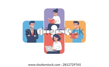 Four office workers engaged in reading and computer tasks arranged within a cross shaped puzzle formation on a light surface.