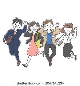 Four office workers jumping (meeting)