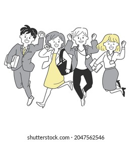 Four office workers jumping (meeting)