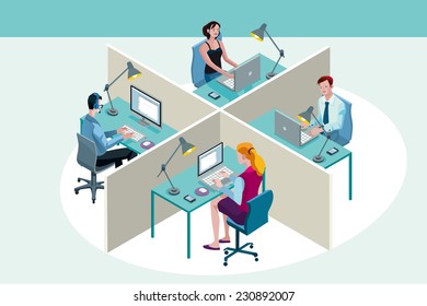 Four office workers in a office, working sitting at their desks, with their laptop ad computer. Isometric perspective.