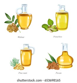Four oil bottles with the batches of nuts near them / There are walnut, pistachios, pine nuts and pecan oil bottles
