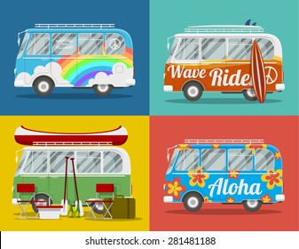 Four old hippie vans with different paints and for different activities. EPS10 vector illustration.