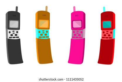Four old multicolored button retro hipster vintage mobile phones with an antenna in a slider form factor, a clamshell.