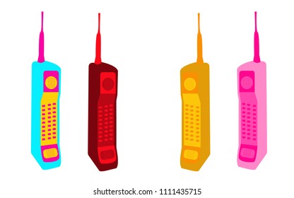 Four old multicolored button retro Hipster vintage square first mobile phones with a long antenna.