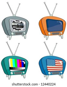 four old-style television with different screens