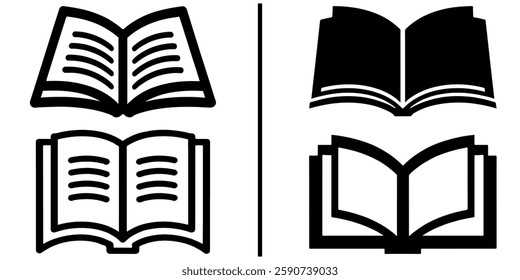 Four open book icons vector, two outlined and two solid, arranged in a grid with a vertical line separating them.