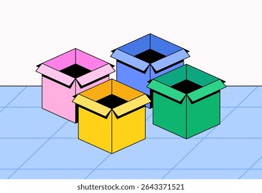 Four open cardboard boxes in pink, yellow, green, and blue on a blue tiled floor in cartoon illustration  for storage, logistics, delivery, and packaging themes