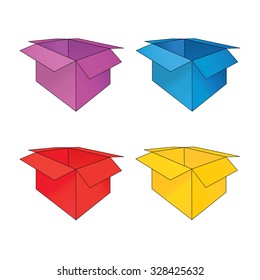 Four open colored empty boxes isolated on white background