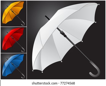 Four of open umbrella in white, red, blue and orange