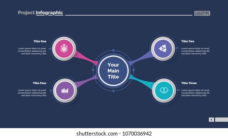 Four option diagram slide template. Business data. Project, mindmap, design. Creative concept for infographic, presentation, report. Can be used for topics like planning, workflow, education