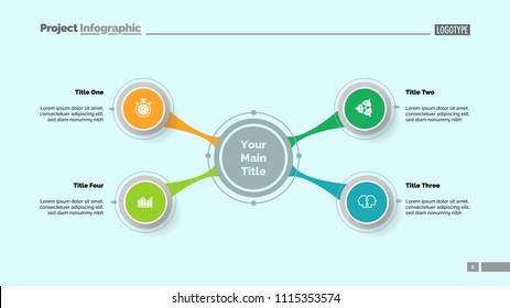 Four option diagram slide template. Business data. Project, mindmap, design. Creative concept for infographic, presentation, report. Can be used for topics like planning, workflow, education