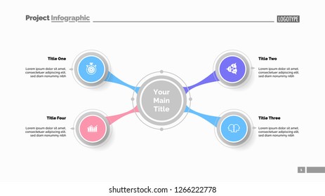 Four option diagram slide template. Business data. Project, mindmap, design. Creative concept for infographic, presentation, report. Can be used for topics like planning, workflow, education