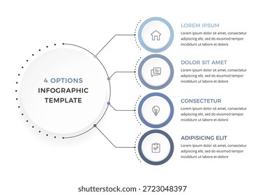 Plantilla de infografía de cuatro opciones con un círculo central conectado a Elementos circulares que presentan un diseño estructurado de negocios o presentaciones