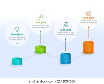 Vier Optionen Business Approach Prozessdiagramm mit 3D-Level-Podium auf blauem und weißem Hintergrund.