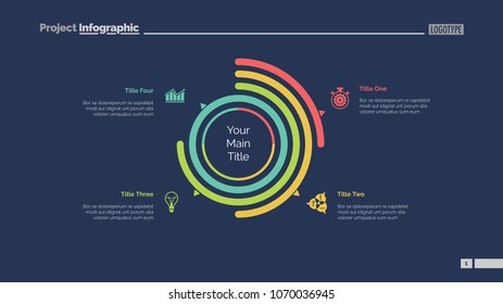 Four options doughnut chart slide template. Business data. Arc, diagram, design. Creative concept for infographic, presentation. Can be used for topics like management, statistics, research.