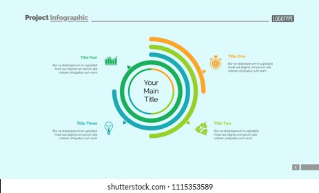 Four options doughnut chart slide template. Business data. Arc, diagram, design. Creative concept for infographic, presentation. Can be used for topics like management, statistics, research.