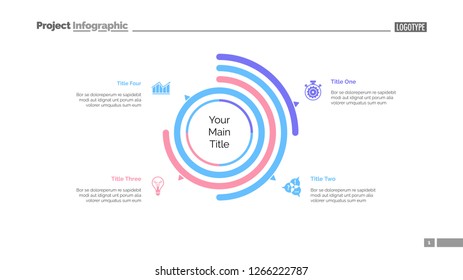 Four options doughnut chart slide template. Business data. Arc, diagram, design. Creative concept for infographic, presentation. Can be used for topics like management, statistics, research.