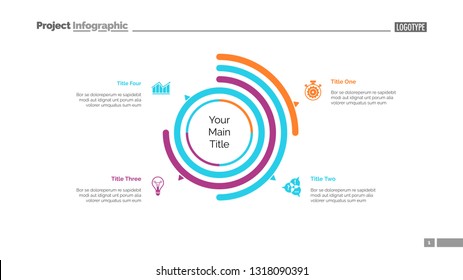 Four options doughnut chart slide template. Business data. Arc, diagram, design. Creative concept for infographic, presentation. Can be used for topics like management, statistics, research.